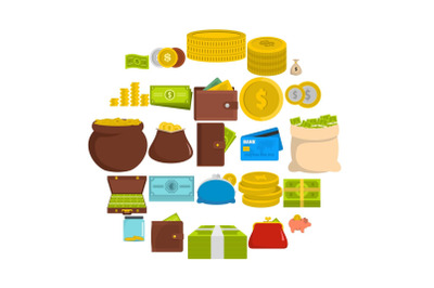 Money icons set, flat style