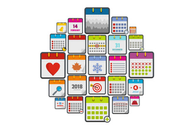 Calendar icons set, flat style