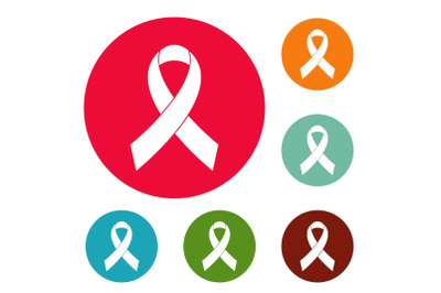 Breast cancer awareness red ribbon icons circle set vector