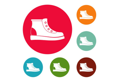 Hiking boots icons circle set vector