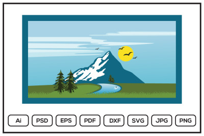 Mountain landscape with trees, sky, sun, pine, spruces, river design