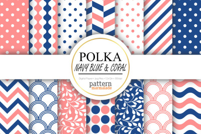 Polka Navy Blue And Coral Digital Paper - S1005