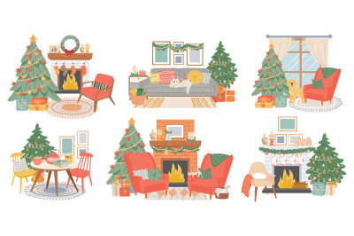 Christmas interiors. New year decorated room with pine tree&2C; fireplace