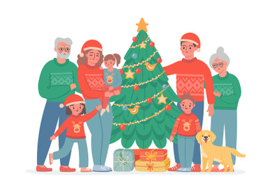 Big christmas family. Grandma, grandpa, mom and dad, kids and dog in s