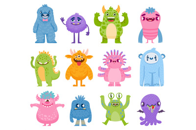 Funny monsters. Cartoon cute and scary creatures with horns and teeth.