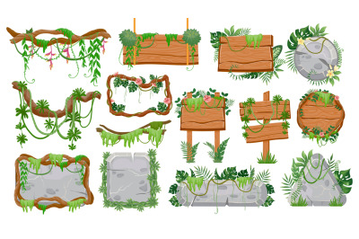 Jungle wooden and stone signs. Tropical game ui elements, signboards,