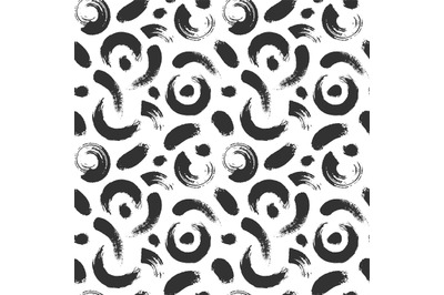 Brush strokes seamless pattern. Grunge curved lines, circles an dots t