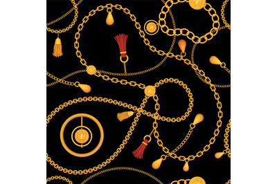 Golden chains seamless pattern. Print with chain belt, gold necklace,