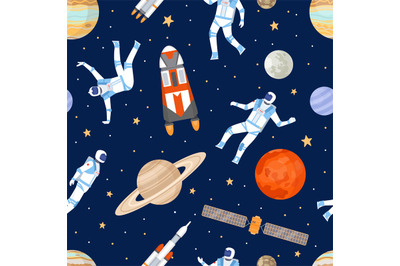 Outer space seamless pattern. Print with dancing astronaut, spaceships