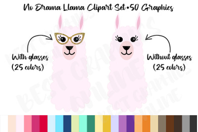No Drama Llama Clipart Set 50 Graphics, Alpaca clipart Graphics