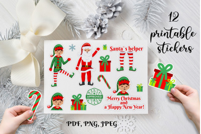 Christmas stickers. Elf Christmas printable stickers.