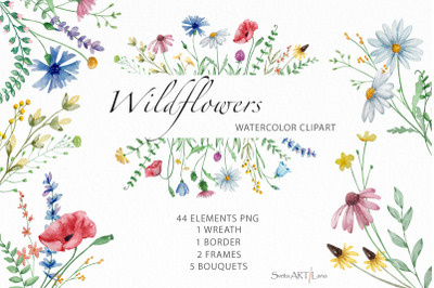 Watercolor Wildflowers clipart, Meadow Clipart