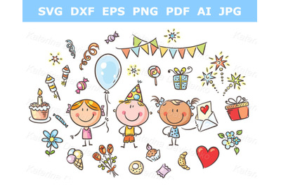 Kids and party things clipart set