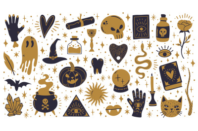 Witch halloween symbols. Doodle witchcraft spooky elements, magic caul