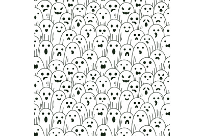 Halloween ghost pattern. Spooky halloween linear ghosts, scary phantom