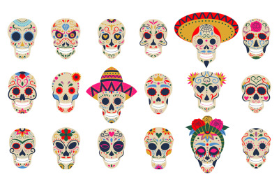 Dia de los muertos skulls. Day of the dead festival skulls, floral sug