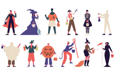 Halloween characters. People in halloween costumes, witch, ghost and m