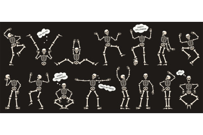 Halloween skeletons. Dancing skeletons, spooky halloween party skeleto