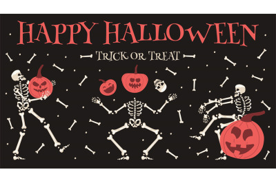 Happy halloween party poster. Spooky halloween skeleton with pumpkins