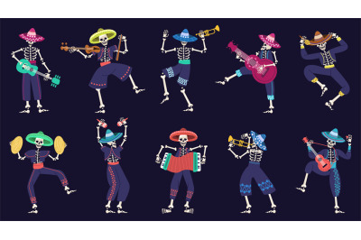 Day of the dead mariachi band. Musical mexican festival skeletons char