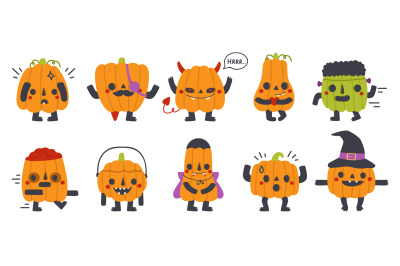 Cute pumpkin mascots. Halloween party funny pumpkins with different fa