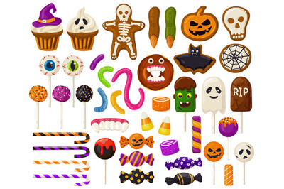 Halloween sweets. Cartoon halloween candies, spooky lollipops, cupcake