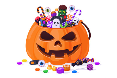 Halloween pumpkin with candies. Cartoon sweets pumpkin basket, lollipo