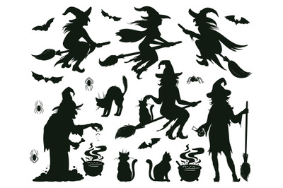 Halloween witch silhouettes. Magic witch ladies with broomstick, hats