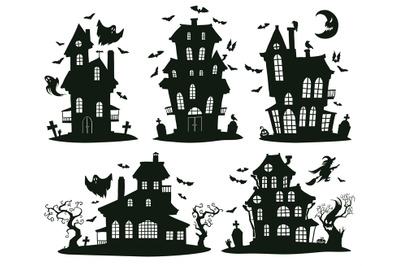 Halloween haunted houses. Cartoon spooky halloween ghost castles, mons