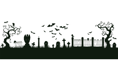 Halloween nightmare landscape. Cartoon spooky halloween cemetery lands