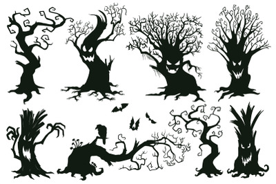 Halloween spooky trees. Cartoon hooked trees, scary halloween trees wi