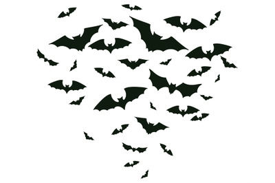 Halloween flying bats. Spooky bats flock, creepy horror vampire winged