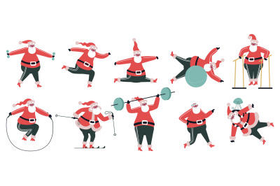 Exercising Santa Claus. Sporty cute Santa character, winter holidays s