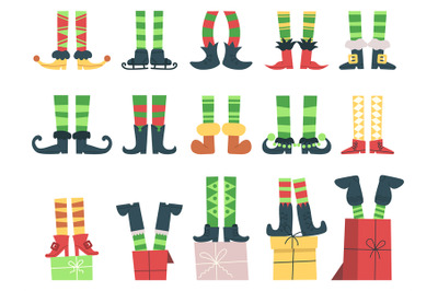 Christmas elves feet. Cute Santa Claus helpers legs in boots and strip