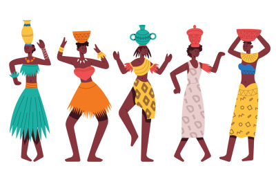 Dancing African aboriginal women. Female African characters dancing tr