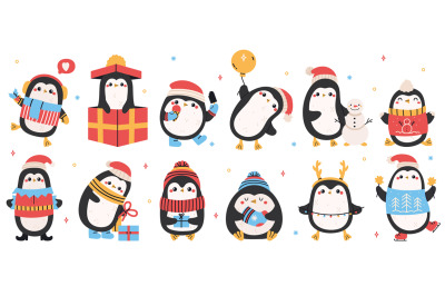 Cute holiday penguins. Christmas hand drawn penguins, xmas holiday win