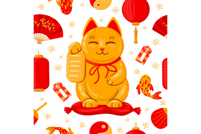 Japanese maneki neko banner. Good luck japan traditional cat&2C; cute kaw