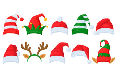 Christmas celebration hats. Cartoon Santa Claus, elf and reindee