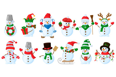 Cartoon snowmen. Christmas funny snowman characters, cute snowma