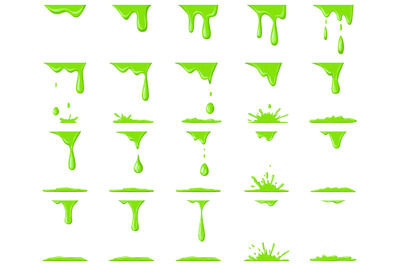 Slime animation. Dripping green cartoon drops and splash, halloween li