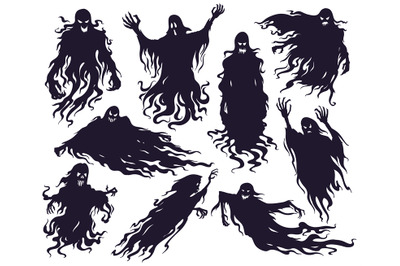 Halloween evil spirit silhouette. Scary nightmare ghost characters, sp