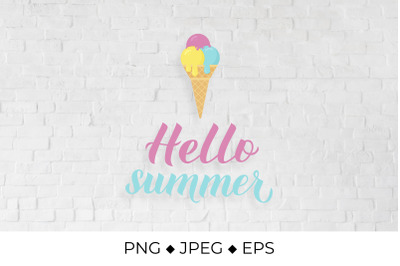 Hello summer lettering with colorful ice cream
