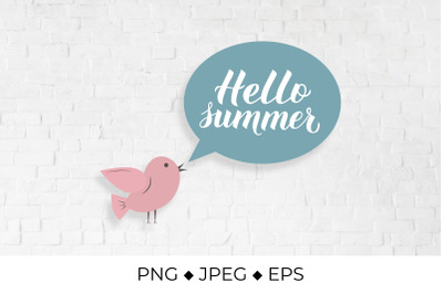 Hello summer calligraphy hand lettering with cute bird