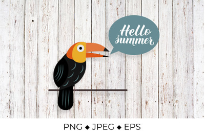 Hello summer lettering with cute cartoon tropical bird toucan
