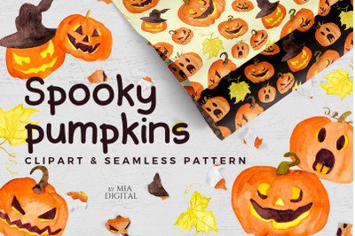 Spooky Pumpkin Watercolor Cliparts, Digital Paper Seamless Pattern