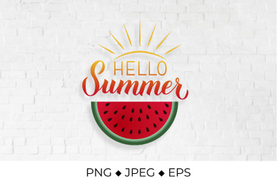 Hello summer calligraphy lettering with watermelon sublimation design