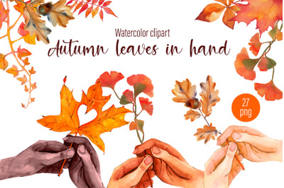 Autumn leaves in hand Watercolor clipart