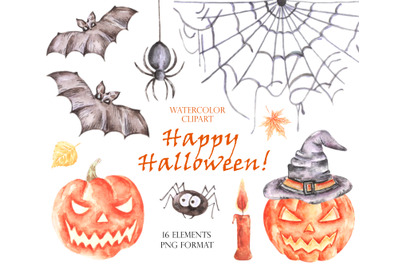 Halloween clipart. Halloween watercolor clipart. Scary pumpkins.