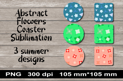 3 Coaster Sublimation PNG Designs. Summer Abstract Flowers.