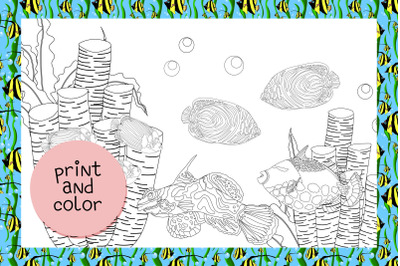 Coloring page Fish underwater world JPEG